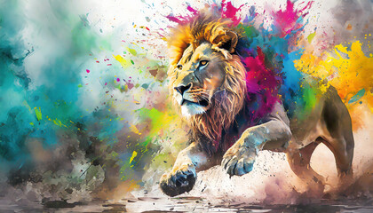 Lively running lion - obrazy, fototapety, plakaty