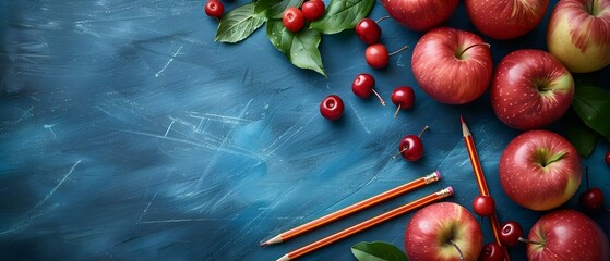 Back to school theme with blue background apples books pencils chalkboard. Concept Back to School Photoshoot, Blue Backdrop, Apples, Books, Pencils, Chalkboard
