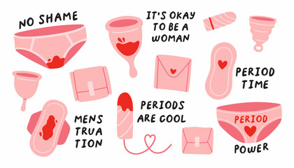 Menstruation lettering set. Menstrual cycle quotes, periods lettering, no shame, periods are cool, period time