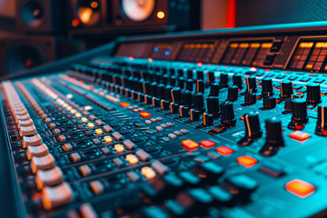 audio mixer and sound mixing console with glowing red and blue lights