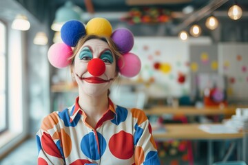 Obraz premium Cheerful Clown in Colorful Costume in Office Setting Makes for a Unique Corporate Environment