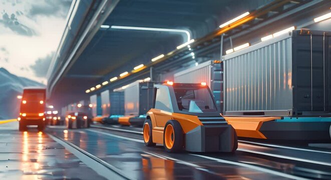Futuristic concept where AI forklifts autonomously unload goods from hyperloop containers,