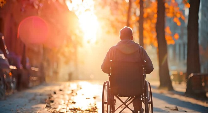 rear view from the back, lonely man in a wheelchair, sorrow a disabled person looks into the distance at the road, sun rays, autumn, for a banner, empty space for text