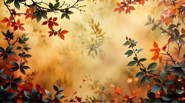A frame of trees branches with red and green autumn leaves, fall floral background with free copy space