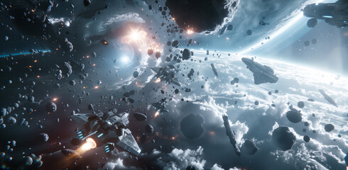 Spaceships in the chaos of battle on swirling mirrorscape galaxy in the background.