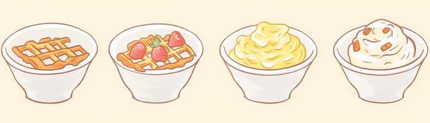 A vector illustration of four bowls of desserts. The first bowl contains a pie, the second bowl contains strawberries and waffles, the third bowl contains vanilla pudding, and the fourth bowl contains