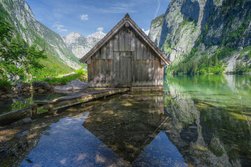Fototapeta na wymiar Bootshaus am Obersee lake in Berchtesgaden National Park, Alps Germany