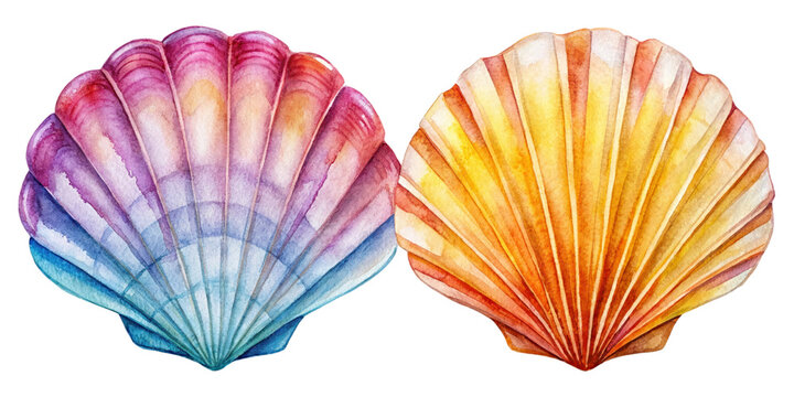 Seashell watercolor illustration painting isolated on white or transparent background, Summer Sea shell blue clipart