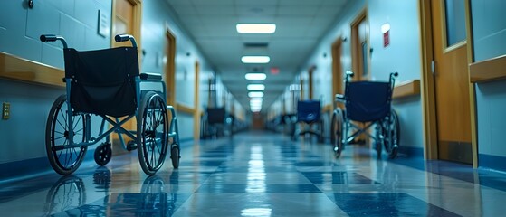 Overwhelmed Healthcare Facilities: Empty Wheelchairs Lining Hospital Corridors. Concept Healthcare Strain, Empty Wheelchairs, Hospital Overloading, Medical Crisis, Clinical Exhaustion