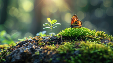 a beautiful butterfly sits on selenium moss in the forest next to a tree sprout, Biodiversity Day, banner - Powered by Adobe