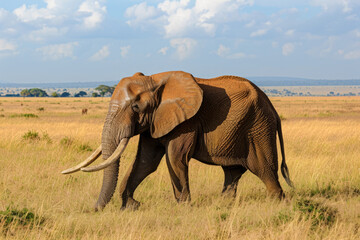 African elephant walking across grassy savannah. Elephant in natural habitat with landscape of national park