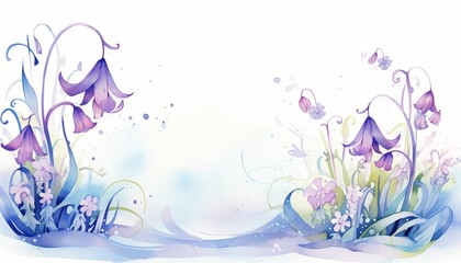 Fototapeta na wymiar A watercolor painting of purple and blue flowers with green leaves on a white background.