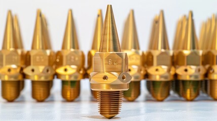 3D printer brass nozzle. Macro of different printer nozzle sizes. Threaded brass nozzles. Parts for 3D printer - obrazy, fototapety, plakaty