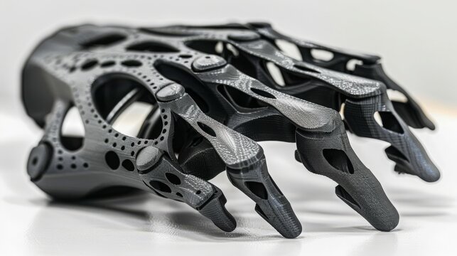Black orthopedic plastic prosthesis printed on powder 3D printer for hand. Orthopedic gypsum helmet close-up. Multi Jet Fusion MJF 3D printing technology. New modern progressive additive technology.