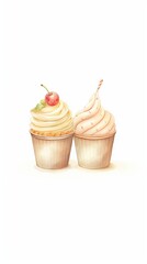 Two watercolor cupcakes with white frosting and a cherry on top