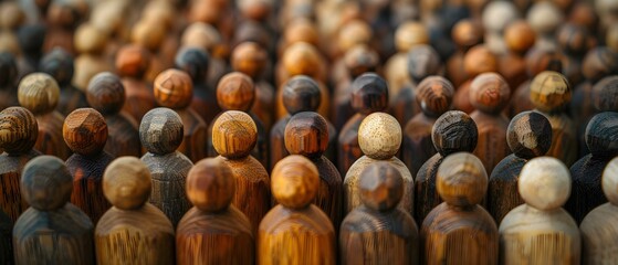 Diverse crowd of wooden figures symbolizing overpopulation and diversity in society. Concept Wooden Figures, Overpopulation, Diversity in Society, Symbolism, Social Issues - obrazy, fototapety, plakaty