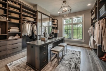 A spacious walk-in closet with custom shelving, ample storage space, and a stylish vanity area, Generative AI