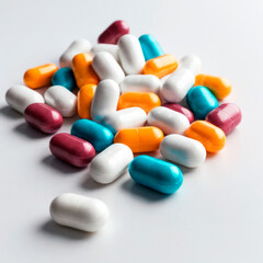 Illustration of pills in the form of capsules of different colors on a white background, reflecting the concept of buying medicines. Background.
