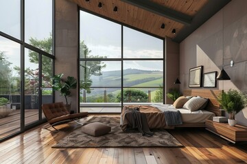 Fototapeta premium Farmhouse interior design of modern bedroom. Wooden floor. Big windows