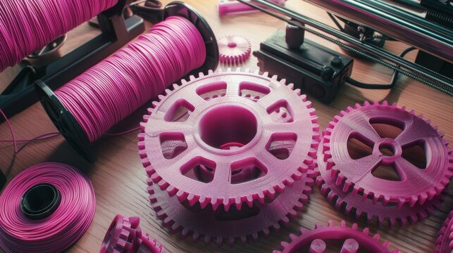 Top view on printing of planetary gear part from pink plastic by a 3D-printer. Scenery with filament rolls, tools and wooden desk. Selective focus. Visible infill structure. Modern production concept