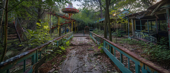 Nature overtakes a once lively amusement park, reclaiming the abandoned rides and attractions with greenery.