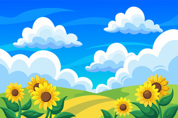 Fluffy white clouds drifting above a field of sunflowers
