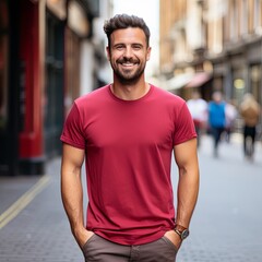 Urban Style: Blank Red T-shirt on Streetwise Model