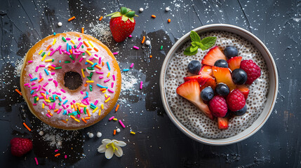 Experience the delightful duality of indulgence and nourishment with a top-down wide-angle photo featuring a sugary frosted donut adorned with colorful sprinkles, juxtaposed against a wholesome chia s