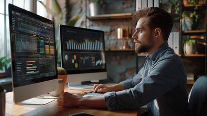Data Analytic Employee Looking at Dashboard On Multiple Screens