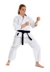 Karate girl kid isolated on transparent layered background.