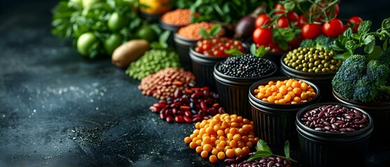 Assorted fruits veggies and legumes in containers on a dark background. Concept Food photography, Healthy eating, Meal preparation, Kitchen ingredients, Fresh produce
