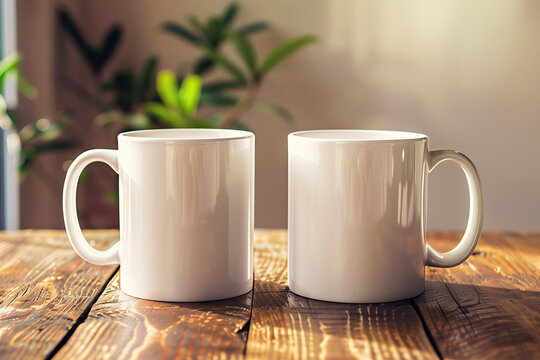 Two white coffee mugs sit side by side on an empty wooden table for mockup