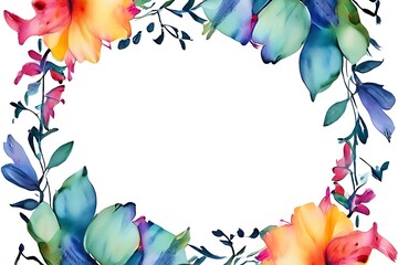 Colorful flower frame It is filled with various summer flowers in shades of pink, yellow, orange and purple, green leaves against a white background.