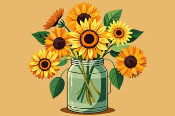 Rustic sunflowers arranged in a mason jar - obrazy, fototapety, plakaty