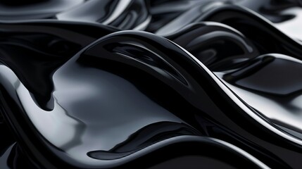 Glossy black waves in a liquid abstract design. 3D renderings of fluid shapes with black metallic textures.