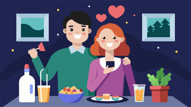 A couple enjoying a budgetfriendly date night at home with a homecooked meal and a homemade photo booth for fun pictures.