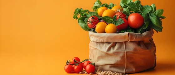 Vegetables and legumes in a cloth shopping bag on orange background. Concept Food Photography, Healthy Eating, Sustainable Living, Grocery Shopping, Colorful Background - obrazy, fototapety, plakaty