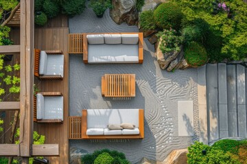 Aerial shot of wooden deck with sand patterns, furniture, and plants. AI-generated