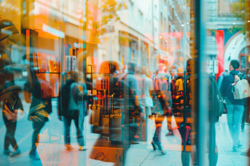 Detailed view of a storefront window in a busy shopping district, reflections of diverse shoppers - obrazy, fototapety, plakaty