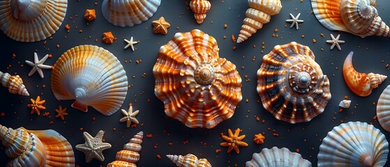 Fototapeta premium Close-up of assorted shells and items on a black background with yellow and white design. Concept Seashell Close-ups, Styled Photography, Black Background, Yellow and White Design