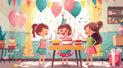 Obraz na płótnie Canvas Cute little girls celebrating Birthday at home Vector