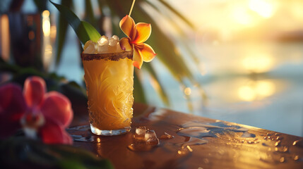 An exotic cocktail adorned with a frangipani flower, set on a beachside table, capturing the essence of a tropical sunset.
