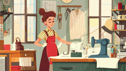Cute little tailor working in atelier Vector illustration