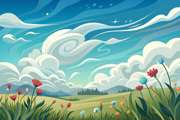 Fototapeta na wymiar Wispy clouds floating above a field of wildflowers