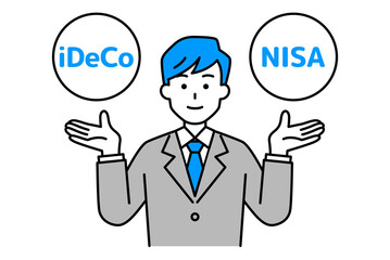 iDeCoとNISAの選択肢を提案するスーツの男性