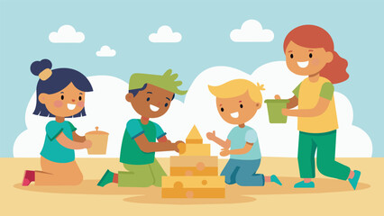A group of children building a sandcastle each grain of sand representing a small savings that will compound over time.