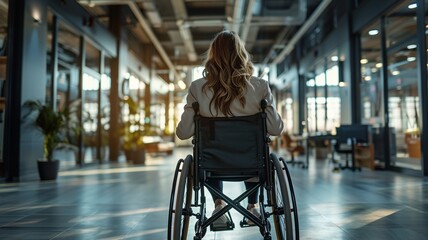 Rear view of young woman in wheelchair in corridor of modern office