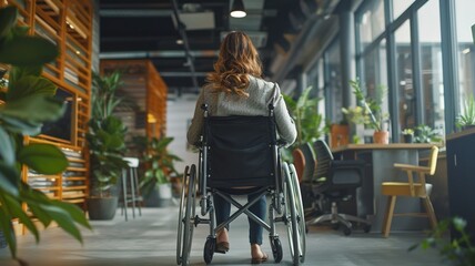 Rear view of young woman in wheelchair in corridor of modern office