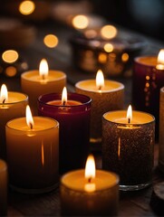 A beautifully burning thick, ornate candle.