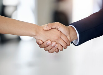 Handshake, welcome and thank you for interview in office with job contract, onboarding and...